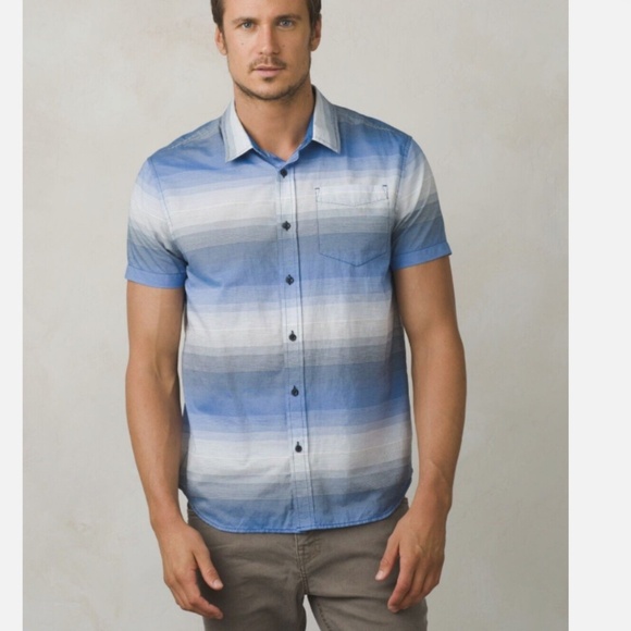 🐬Prana Tamrack Stripe Organic Cotton Short Sleeve Shirt - Men’s Large - Picture 1 of 7